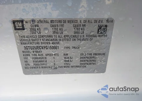 2015 GMC Sierra 1500 Sle z USA, uszkodzony, nr VIN 3GTU2UECXFG150661